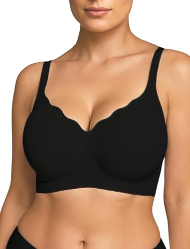 Soft Intention Scalloped Wireless Bras for Women No Underwire Supportive Wireless Push Up Full Coverage Black