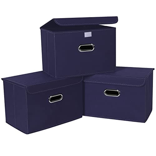 SEVENDOME Linen Fabric Foldable Collapsible Storage Cube Bin Organizer Basket Fabric Storage Bins with Lid, Leather Handles, Removable Divider for Home, Closet,Navy Blue 3Pcs