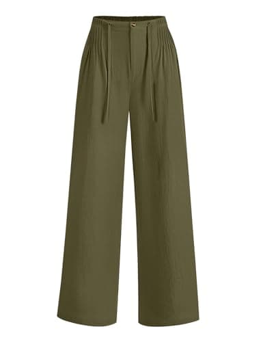 LOMON Womens Linen Pants Elastic Waist Wide Leg Pleated Cotton Pants for Women Loose Palazzo Slacks Lightweight Vacation Clothes Army Green