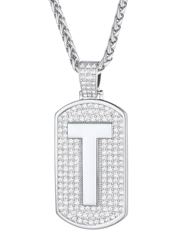 FindChic Letter Necklace Silver Initial T Pendant Cubic Zirconia Dog Tag Necklace Hip Hop Jewelry