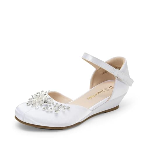 DREAM PAIRS Girls Dress Shoes, Glittering Low Wedge Heels with Pearls Rhinestones, Soft Cushioning, Hook-and-Loop Straps, Non-Slip Outsole, Party Formal Wear, Size 12 Little Kid,White,SDFL2414K