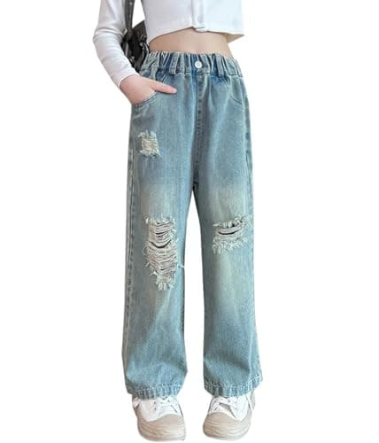 LittleXin Kids Girls' Casual Wide Leg Baggy Ripped Jeans Cool Loose Fit Distressed Denim Pants Size 5-14 Years(Blue4,12-13 Years)
