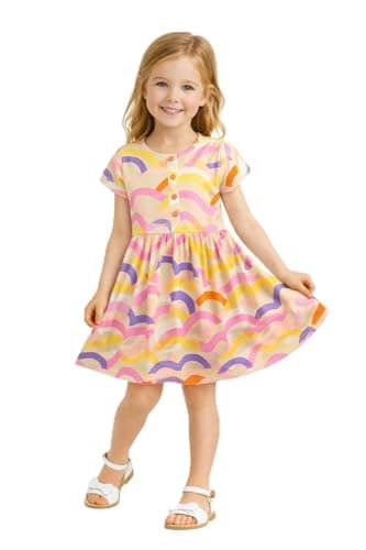HILEELANG Toddler Girls Short Sleeve Dress Spring Summer Cotton Casual Pink Stripe Printed Jersey Shirt Dresses 3T