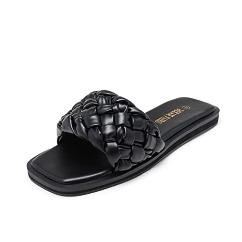DREAM PAIRS Women's Square Open Toe Slide Sandals Cute Slip on Braided Slides Flat Sandals for Summer,Size 5.5,Black/Weave,SDSS2212W