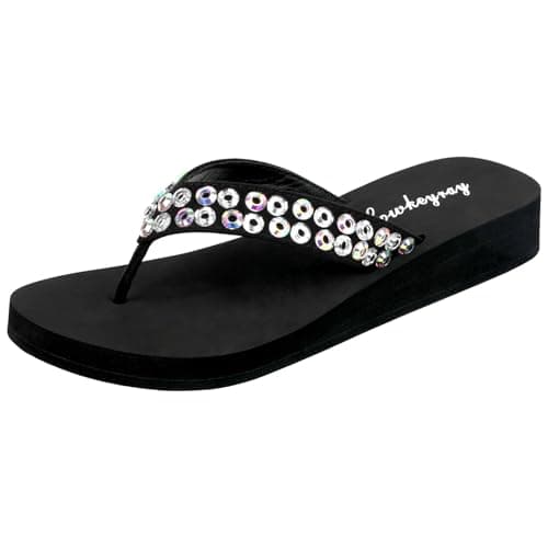 Lowkeyray Black Fancy Flip Flops With Rhinestones Comfortable Sequin Sandals For Women
