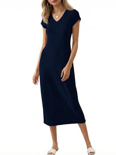 Wenrine Womens Short Sleeve T-Shirt Dress Summer V Neck Basic Solid Casual Long Midi Dresses Navy