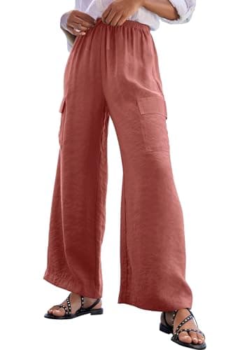 EVALESS Palazzo Pants for Women Summer Wide Leg Drawstring Waist Cargo Trousers Beach Vacation Travel Clothes Rose Pink S
