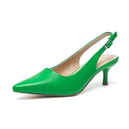 Amoji Women Closed Pointed Toe Low Kitten Heel Slingback Pump Party Wedding Dress Shoes FZ321 Green Size 6 women