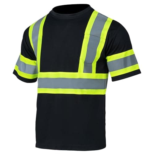 VENDACE Men's High Vis Safety T Shirt Reflective Work Short Sleeve Shirt with Black Bottom(Black,L)