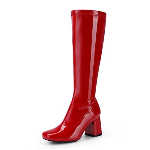 DREAM PAIRS Women's Gogo Boots Square Toe Chunky Wide Calf Knee High Boots,Size 5,Red/Patent/Pu,SDKB2231W