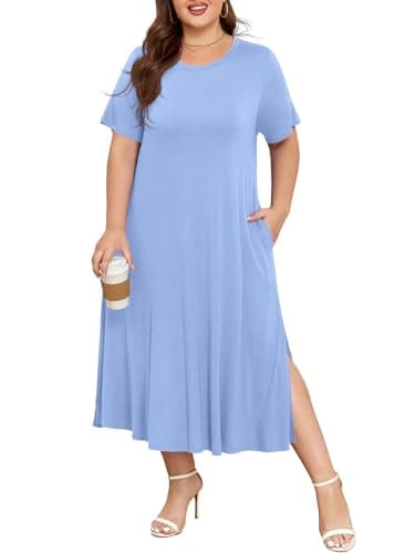 BELAROI Women Plus Size Dresses Summer Casual Maxi Sundress Side Split Beach Cover Ups Pockets (2X, Denim Blue)