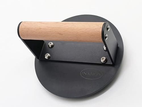 JNXHON Kitchen Tools Heavy Duty Cast Iron Grill Press Burger Press Bacon Press Barbecue Press Meat Press Burger Smasher Griddle Press Round Flat Press with Anti Scalding Wooden Handle (6INCH)