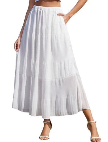Arolina White Boho Maxi Skirt for Women Summer Beach Elastic High Waist Flowy Long Skirts Tiered A-Line Ruffle Pleated Casual
