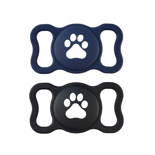 Dog Paw Silicone Pet Tag Cover (2 Pack) Perfect Anti-Noise & Scratch-Proof Dog Tag Silencer Holder for AirTag & Engraved Tags Durable Collar Charm Accessory for Dogs & Cats （Blue+Black）