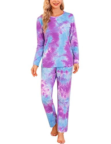 EISHOPEER Womens Tie Dye Pajamas Set Long Sleeve Sleepwear Loungewear Pjs Set Multicoloured S
