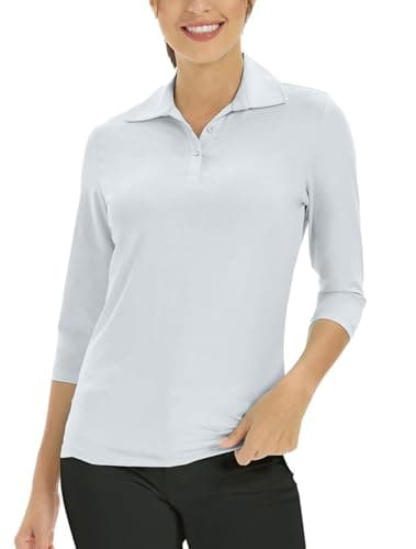 MOHEEN Women's Polo Shirt Quick Dry Performance Moisture Wicking 3/4 Sleeve Golf Polo Shirts for Women Athletic Casual Work (12222 White,L)