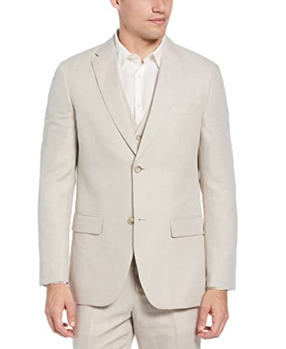 Perry Ellis Men's Linen-Blend Suit Jacket, Breathable Single Breasted Blazer, Regular Fit, with Chest Pocket (Sizes 36-54), 54 (Big), Natural Linen Herringbone