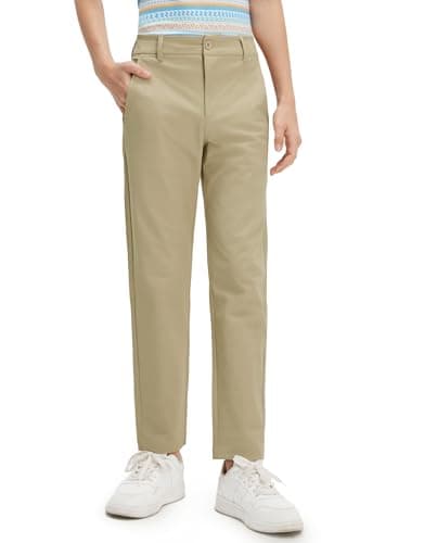M MAELREG Youth Boys Pants Stretch Performance Flat Front Kids Dress Pants with Zip Closure Casual Pants for Boy Khaki