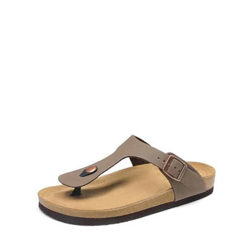DREAM PAIRS Arch Support Thong Sandals for Women Casual Leather Flip Flops Dressy Slides with Soft Cork Footbed Adjustable Strap for Summer Beach Vacation,Size 10,Brown,DWUMFF2501