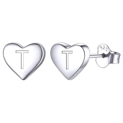 ChicSilver 925 Sterling Silver Heart Initial Stud Earrings for Women, White Gold Plated Silver Small Dainty Heart Earrings Hypoallergenic Letter T Initial Earrings for Women Sensitive Ears