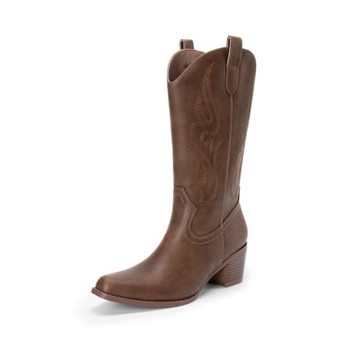 DREAM PAIRS Women's Square Toe Cowboy Cowgirl Boots Embroidered Mid Calf Western Boots Fashion Dress Low Chunky Heel Boots for Theme Party Country Concert,Size 6.5W,Brown-Pu,DWUMMB2502