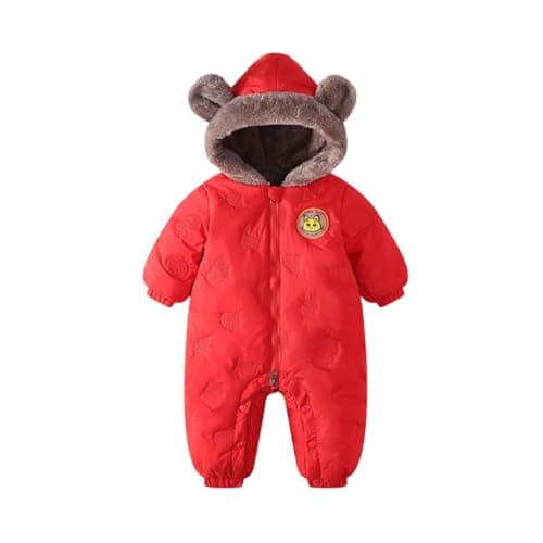 JiAmy Baby Snowsuit Newbron Hooded Winter Outfit Clothes Infant Warm Bear Onesie Zipper Coat Jumpsuit Romper Red 12-18 Months