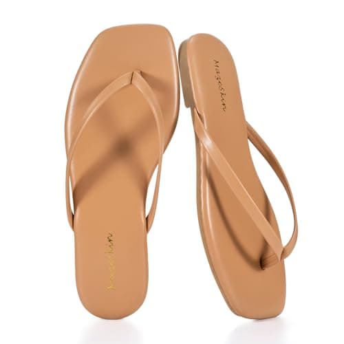 mazeskin Womens Memory Foam Flip Flops Leather Flat Sandals Taupe US7.5