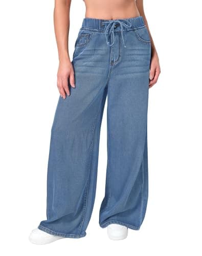 roswear Women's Wide Leg Jeans with Drawstring, Indigo Blue, Medium