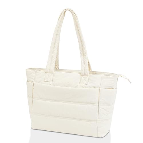 Tote Bag for Women ，Travel Puffy Tote Bag For Women，Puffer Work Tote Handbag、Shoulder Bag Handbag for Travel, Work, Gym (M-Beige)