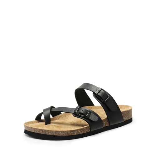 DREAM PAIRS Women's Thong Slide Sandals with Cork Footbed Open Toe Adjustable Slip On Slippers Comfort Flat Sandals for Summer,Size 7,Black,SDSS2405W