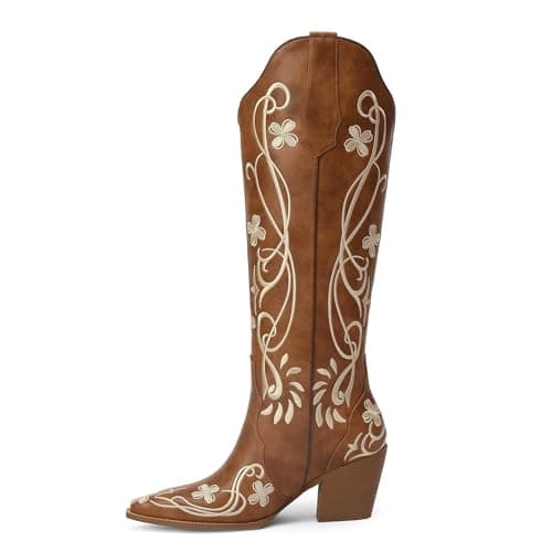 iiimmu Women's Embroidered Knee High Western Boots Faux Leather Cowgirl Style with 3" Block Heel, Classic Vintage Pull-On Design, Light brown, Size, 9.5
