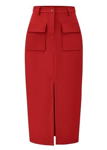 KIRUNDO Midi Skirts for Women Spring Fall High Waisted Cargo Trendy Pencil Slit Dressy Casual Business Work Long Skirt(Red, Medium)