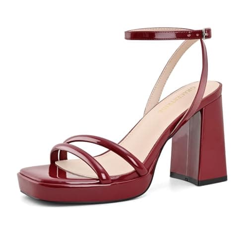 GRACESTRIDE Platform Heels for Women Block Chunky Strappy Heels Square Toe Ankle Buckle Sandals(7.5,Burgundy)