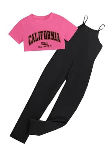 Ecolala Girls' 2 Piece Jumpsuit Outfit, Graphic Short Sleeve Crop Top and Cami Pants Set, Casual Summer Clothes for Kids Black White 5-6Y