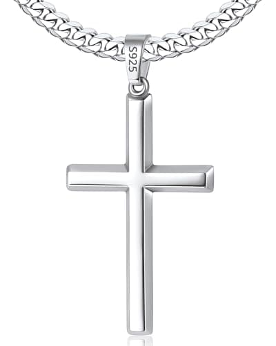 Lovjewl 925 Sterling Silver Cross Necklace for Men, Sterling Silver Mens Cross Necklace with 5mm Stainless Steel Cuban Link Chain, Mens Cross 20 Inch