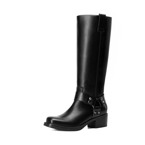 DREAM PAIRS Women's Knee High Boots Motorcycle Riding Pull-on Fashion Long Square Toe Buckle Biker Boots for Women,Size 9,Black,DWUMKB2529