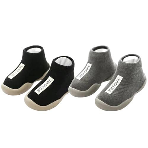 FABRST 2 Pairs Baby Sock Shoes Toddler Infant Non Slip Soft Rubber Sole Slippers First Walking Shoes for Baby Boys Girls（Black Grey Slogan, 6-12Months