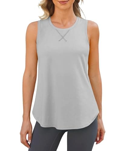 G4Free Athletic Tank Tops for Women High Neck Workout Racerback Gym Tops Lightweight Running Shirt Sleeveless Loose (Light Gray,L)