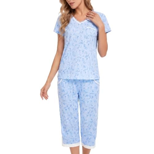 IZZY + TOBY Lady Pajamas Cute Sleepwear Tops With Capri Pants Pajama Sets Blue Blue XXL
