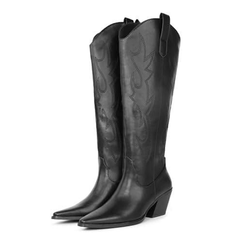 Gemialle Cowgirl Boots Women Knee High Boots Pointed Toe and Block Heel Cowboy Suede and Faux Leather Western Boots with Embroidered and Side Zipper, Retro Classic Country Boots Pull On for Ladies,Black PU,11