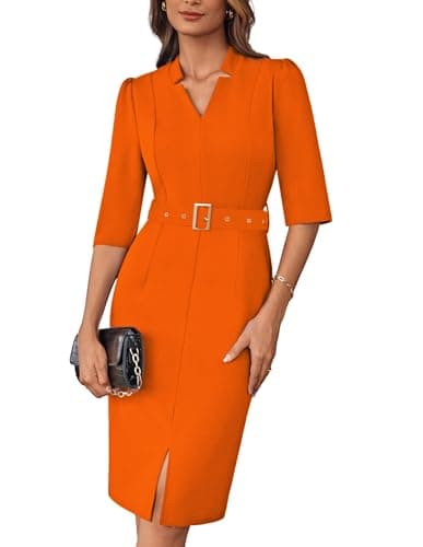 GRACE KARIN Women's 3/4 Sleeve Bodycon Work Dress with Belt Orange XXL