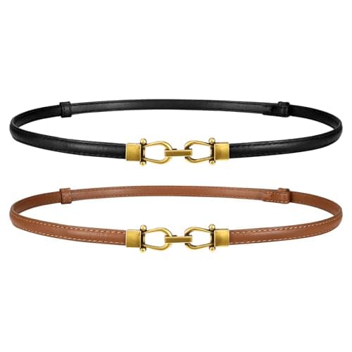 WERFORU Women 2 Pack Skinny Belt for Dress,Thin Waist Belt - Adjustable Leather Belt with Gold Buckle