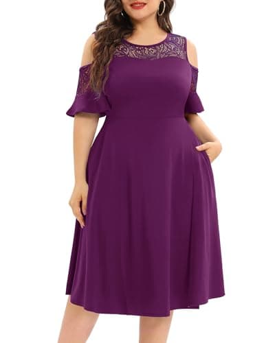 Plus Size Cocktail Dress Women Purple Cold Shoulder Short Formal Party Wedding Guest Midi Dresses with Pockets