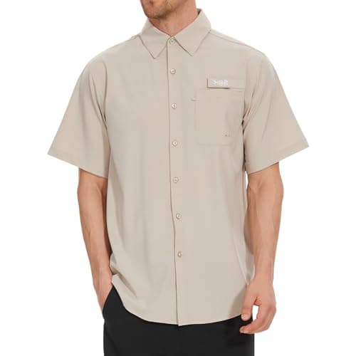 BASSDASH Men's UPF 50+ Short Sleeve Button Down Fishing Shirt Breathable Lightweight for Outdoors Hiking Camping Khaki
