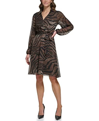 DKNY Women's V-Neck with Collar,BLK/CRM MLT, 2