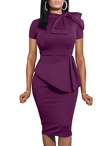 LAGSHIAN Women Bodycon Short Sleeve Bow Ruffle Pencil Party Dress Purple