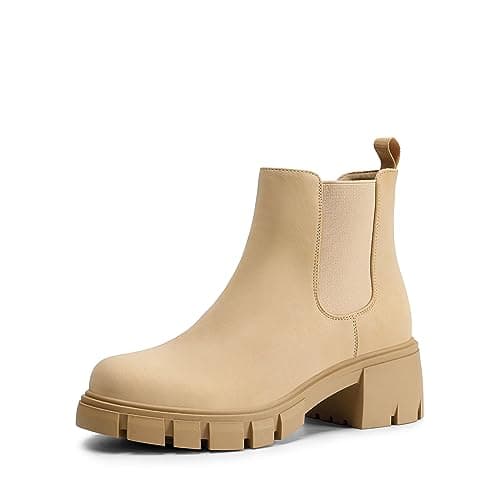 DREAM PAIRS Women's Elastic Chelsea Ankle Boots Platform Low Chunky Block Heel Lug Sole Slip on Fall Heeled Booties Shoes,Size 6.5,Nude,SDAB2316W