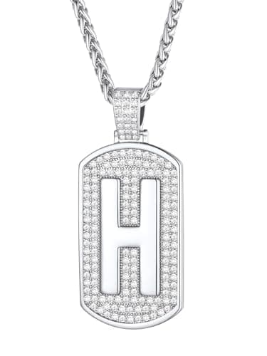 FindChic Mens Initial Necklace Letter H Pendant Platinum Plated Dog Tag Chain Hip Hop Jewelry