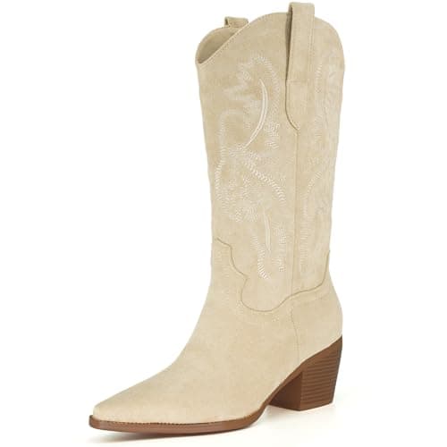 iiimmu Western Boots Women Mid Calf Pointed Toe and Chunky Low Heel Cowboy Suede Boots with Embroidered, Beige, Size 10