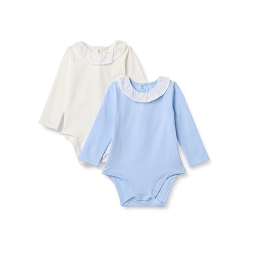 Amazon Essentials x Sofia Grainge Baby Girls' Long Sleeve Ruffle Collar Bodysuit, Pack of 2, Ivory/Light Blue, 6-9 Months